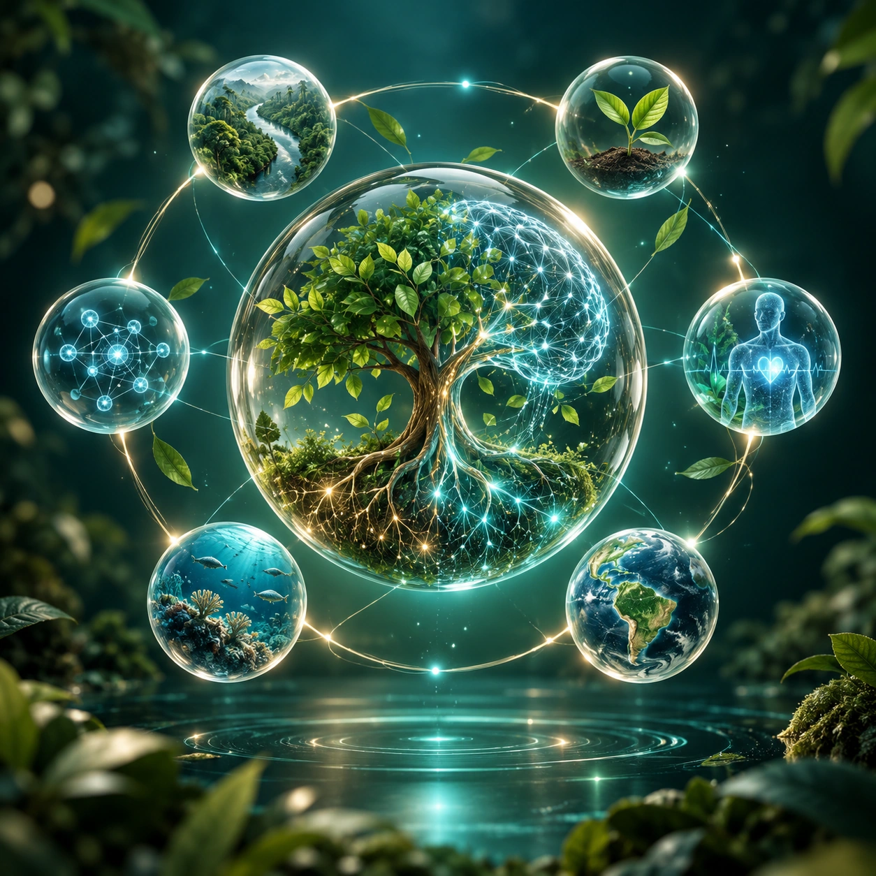 Artistic composition of a tree connected to neural networks, nature and health, symbolising Biod-AI’s multidisciplinary research.