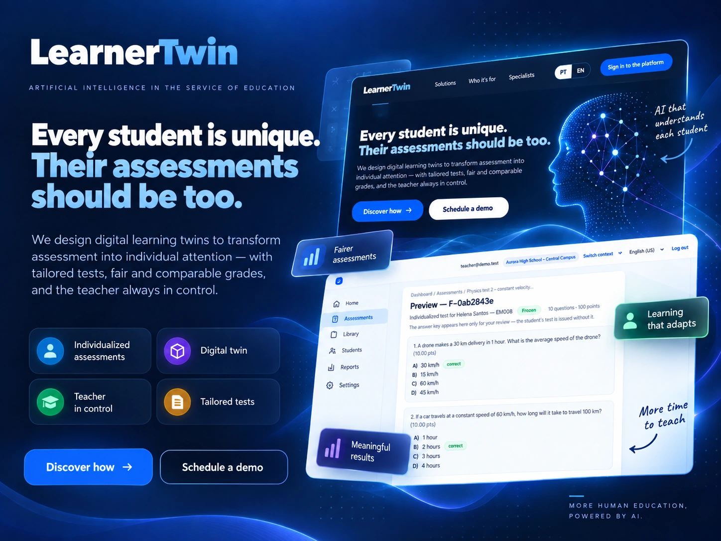 LearnerTwin artwork: digital learning twins and individualised assessments, with teachers in control.