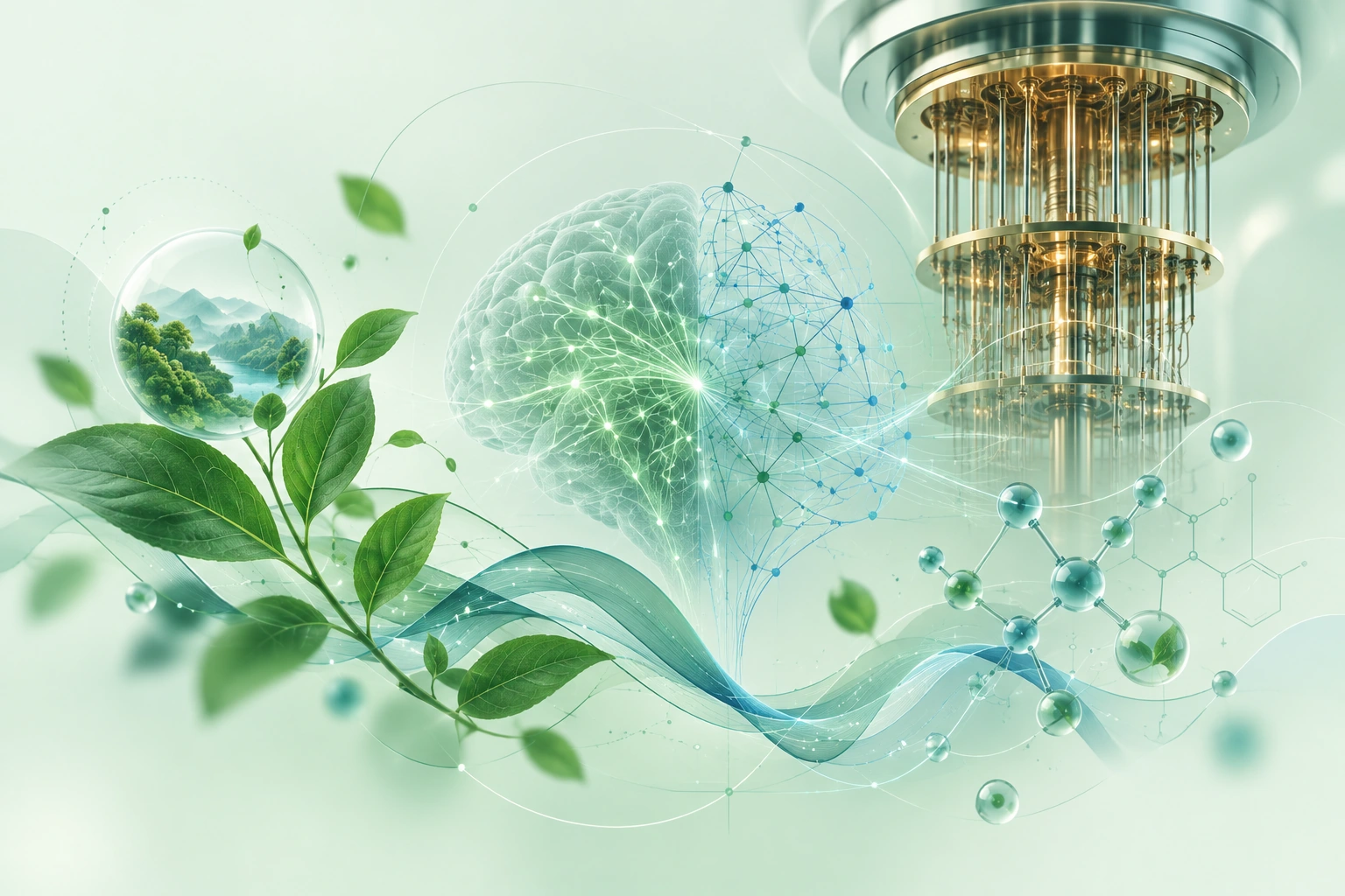 Illustration of connected structures representing modelling, chemistry, high-performance and quantum computing